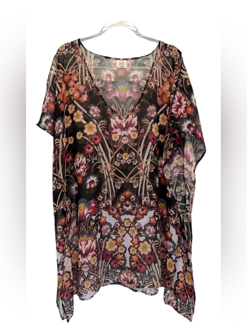 BECCA Black Sheer Floral V-Neck Tunic Coverup